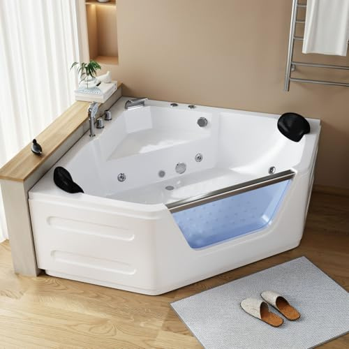 59x59 Corner Jetted Tub - Luxury White Whirlpool Acrylic Bathtub with 7 Color Light Ideal for Couples' Relaxation and Wellness Home Spa, Ergonomical Bathtub Includes Faucet & 2 Bath Pillows