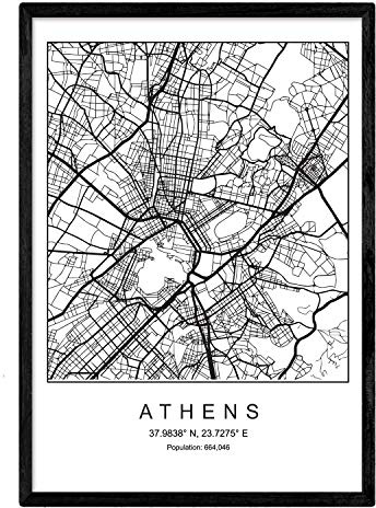 Nacnic - Poster Ciudad Atenas Grecia - Lámina Decorativa Nórdica Blanco y Negro - Cuadro Artístico con Mapa, Plano, Calles - Salón, Dormitorio, Pasillo