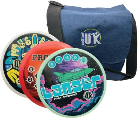 Disc Golf UK Starter Set with 3 Discs and a DGUK Satchel Bag - Frisbee Golf - Made in UK PDGA Approved - Discs Picked At Random - 1 Driver, 1 Midrange, 1 Putter