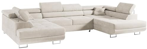 MKS MEBLE Sofa Beige Wohnzimmer - Wohnlandschaft - U-Form Couch mit Schlaffunktion - Schlafsofa mit Bettkasten - Wohnzimmer U Couch - Polstersofa mit Bettkasten - Gustaw U Creme Paros