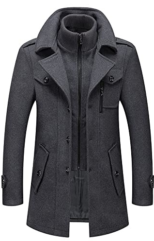 HGGES Cappotto Invernale da Uomo, Giacca in Lana Calda Con Colletto Doppio Rimovibile, Slim Fit Casual Business Con Fodera in Cotone, Antivento per Esterno