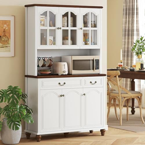 HOMCOM 71 Kitchen Pantry Cabinet, Kitchen Hutch with Soft Closing Window Pane Doors, Freestanding Storage Cabinet with Microwave Stand, 2 Drawers and 3-Level Adjustable Shelves for Dining Room, White
