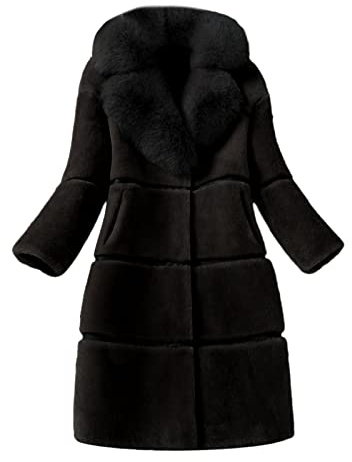 L9WEI Abrigo de piel sintética de longitud media para mujer, elegante, con cuello en V, forro de pelo, chaqueta de piel sintética, abrigo de pelo sintético, invierno, con bolsillo, Negro , L
