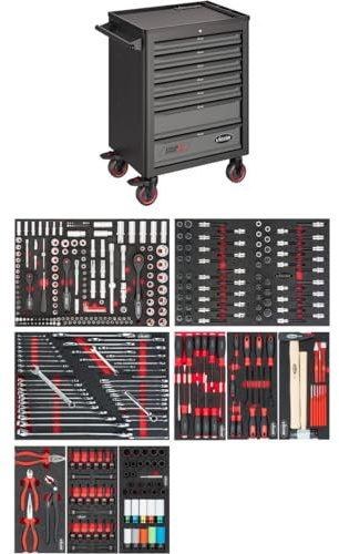 Vigor, Werkstattwagen mit Sortiment V1901/376, Werkstattwagen mit robuster Kunststoffplatte, Ordnung, Mobilität, Sicherheit, Maße 723 mm x 459 mm