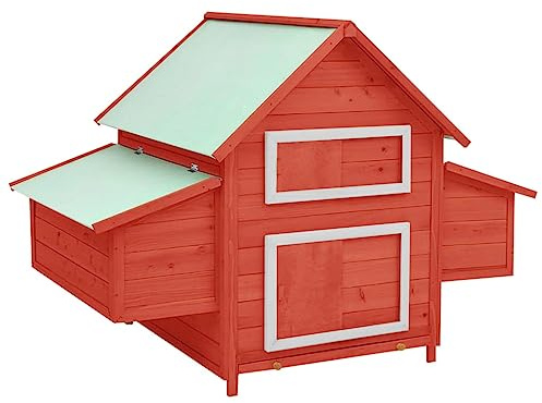 FENLAX Hühnerstall aus Massives Tannenholz - 152x96x110 cm Rot, Winterfest Hühnerhaus für Draußen mit Voliere und Kleintierstall