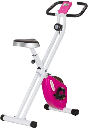 SPORTNOW Folding Exercise Bike, Quiet Stationary Bike with 8-Level Magnetic Resistance, Heart-Rate Sensor, Adjustable Seat and Wheels for Home Gym Workout, Pink and White