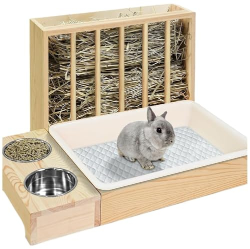 Litière 4 en 1 pour Petit Animal De Compagnie,mangeoire Lapin,Ratelier Foin À Foin en Bois pour Lapin, Hamster, Furet(Bois Massif)