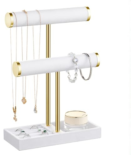 Josmimic 2 Tier Bracelet Holder Display - Detachable T Bar White Velvet Bracelet Holder, Jewelry Holder Organizer for Bracelet, Necklace, Watches, Rings