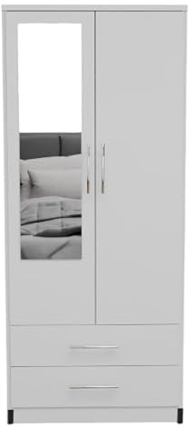 Fully Assembled 2 Door Modern 1 Mirrored Wardrobe with 2 Drawer Wardrobe – Freestanding Bedroom Storage Cabinet with Hanging Rail, 78W x 184H x 50D cm,Multiple Colours Available (WHITE)
