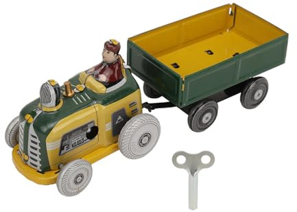 Giocattolo da Passeggio in Metallo a Carica, Carrello da Traino per Trattore in Lamiera Stagnata Vintage con Delicata Lavorazione Artigianale, per Collezionisti, Decorazioni,