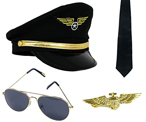 Accessoires de pilote pour adulte avec une casquette noir orné d'un badge jaune sur le devant + Un badge en métal couleur or + une cravate noir + une paire de lunettes style aviateur.
