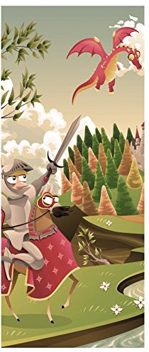 Autocollant de Porte - Chevalier et Dragon - 90 x 200 cm - Photo de Porte - Film de Porte - Chambre d'enfant - Dessin animé - garçon - Fille - Lance - Courage - Cheval - épée