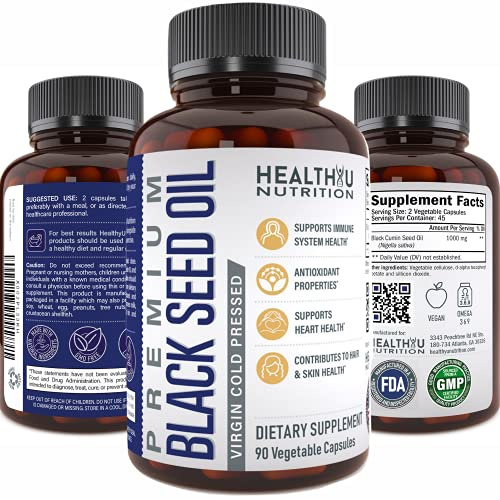 Premium Black Cumin Seed Oil Capsules - Virgin Cold Pressed Nigella Sativa Black Seed Oil Pills - Immune Support Supplement - Omega 3 6 9 Vitamin E Blackseed for Nails Hair Skin 1000 mg p/Serving