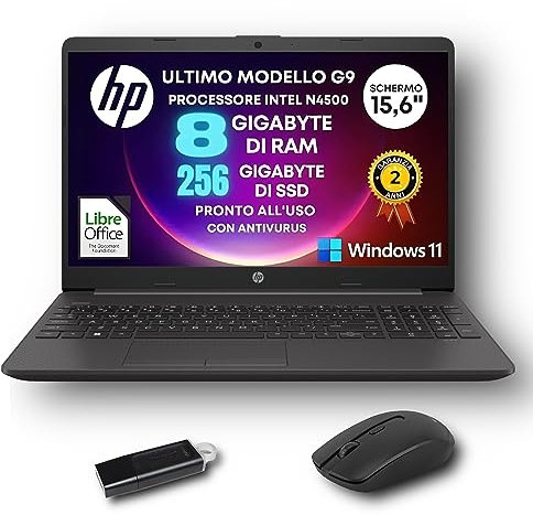 HP Notebook G9, Computer Portatile, Intel n4500 2,8 ghz, Display Hd da 15,6 Ram 8gb DDR4, SSD 256 Gb, Bt, Win11 Pro, Libre Office, Mouse Wireless + Pendrive 32 GB IN OMAGGIO