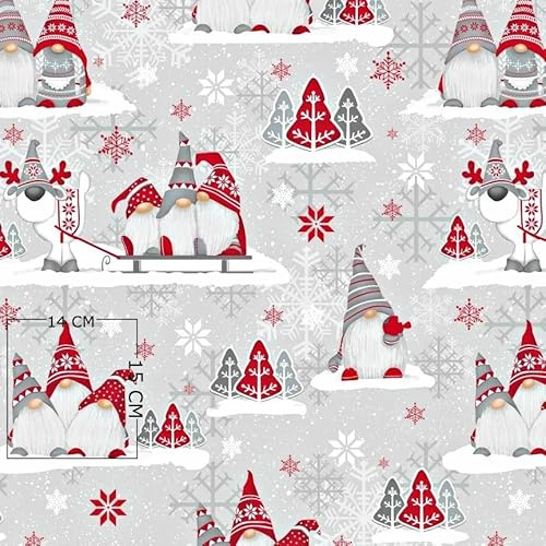 TexTrend Telas por Metro - Algodón - 1 Metro 160 x 100 cm - Tela para Costura - Niños - Patrón Navideño Elfos Reno Gris