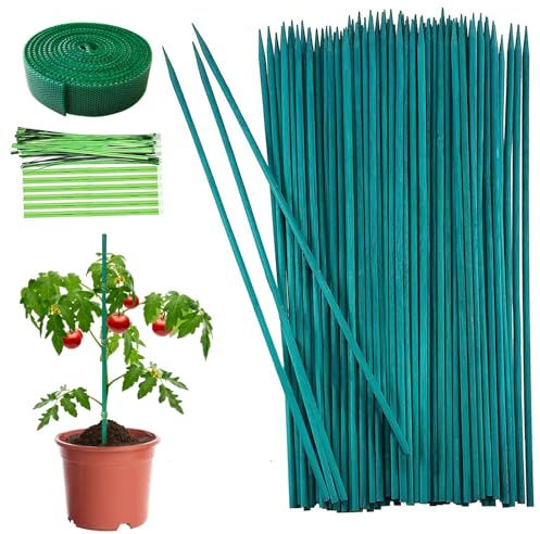 50 Pezzi Supporto per Piante, 38 CM Sostegni per Pomodori, Bastoni per Pomodori con 50 Nastri Metallici, Rampicanti Piante da Giardinaggio, Bambù Bastoncini per Orchidee Fiori Piselli Verdure