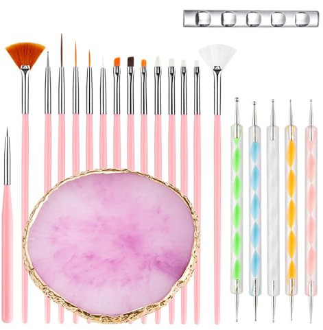 HomTop Nail Art Tools 22-piece Set, Resin Nail Art Palette, 2-way Acrylic Silicone Engraving Pen Dotting Pen Tools Nail Art Kit for Nail Art DIY Home Salon Makeup Display Board, pink