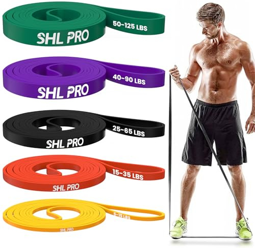 SHL PRO Elastici Fitness – Set da 5 Pezzi, Resistenza 5-125 lb per Trazioni alla Sbarra, Elastico Palestra per Stretching e Palestra in Casa – con Ancoraggio Porta, Maniglie, Elastici Palestra