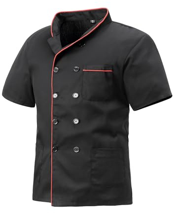 MeiLayM Giacca Cucina Uomo Divisa Ristorante Giacca Cuoco Professionale Unisex con i Bottoni Giacca Maniche Corte vestibilità Moderna Nero Rosso,S