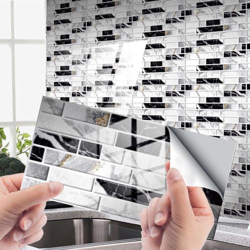 yufana 12 PCS Pegatinas de Baldosas, Azulejos Adhesivos Baño, Azulejos Adhesivos para Cocinas, Adhesivos para Azulejos, Adhesivos para Azulejos, Adecuado para Cocina, Baño, Armarios, Muebles(20*10cm)