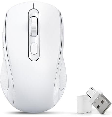ZVYUE Ratón inalámbrico Bluetooth para Mac, MacBook Air Pro, computadora, iPad, PC, portátil, mouse silencioso con interruptor de modo dual, Bluetooth 5.2/3.0 y receptor USB tipo C de 2.4 GHz (blanco)
