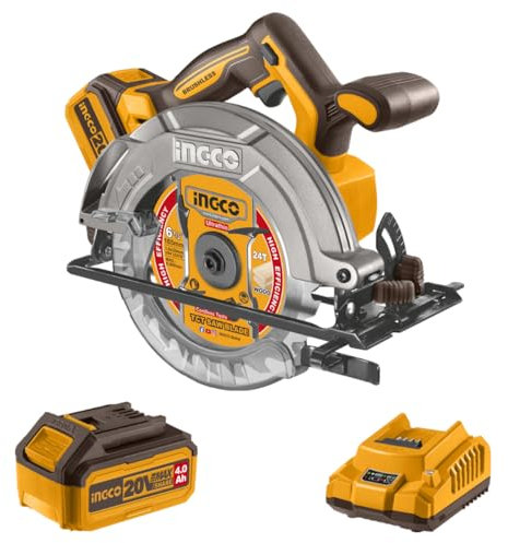 INGCO Scie Circulaire Sans Fil 20V, Moteur Sans Balais, Diamètre 165 mm, 5200 tr/min, Max Coupe 55 mm (90 °), 42 mm (45 °) avec Batterie 4,0 Ah et Chargeur pour Bois, Plastique, Métal Mince CSLI16521