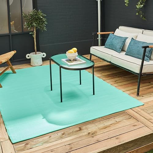 THE RUGS Urban Collection Outdoor Rug - Easy to Clean, Waterproof Plastic Outdoor Rugs for Garden, Patio, Balcony, Camping - Contemporary Plastic Straw Rug - Mono Turquoise, 180x270cm