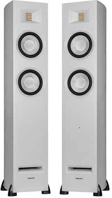 Fluance Ri91 Reference Stereo Powered Floorstanding Tower Speakers with High Performance AMT Tweeters, 2x6.5 Drivers, 150W Amplifier for Turntable, TV, PC - HDMI, Bluetooth, RCA & Sub Out (White Ash)