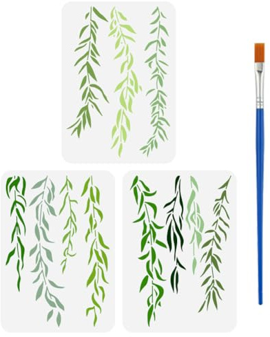 FINGERINSPIRE 3Pcs Pochoir de Peinture en Feuilles de Saule Avec 1 Pinceaux en Plastique de 21X29.7cm Pochoir de Feuilles Pleureuses Modèle de Vignes pour Mur Meubles en Bois Décoration de Maison DIY