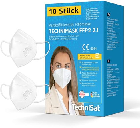TechniSat TECHNIMASK 2.1 – 10 Stück FFP2 Maske aus Deutschland (Dolomitstaub-geprüft, 5-lagige Atemschutzmaske mit hochwertigem Vlies, geringer Atemwiderstand, Made in Germany)