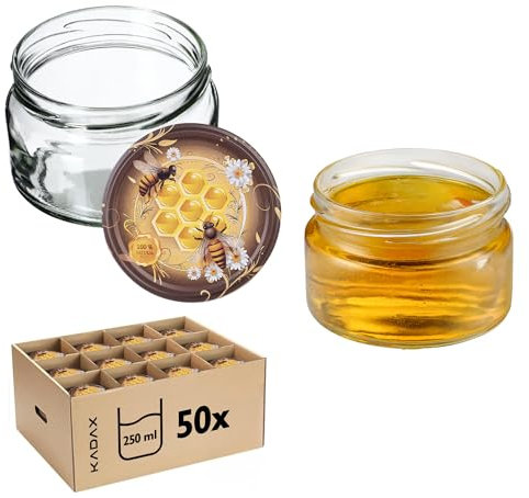 KADAX Lot de 50 petits pots à confiture avec couvercles hermétiques - 250 ml - Idéaux comme cadeau - Miel de miel