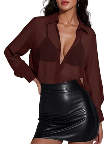 Prettywear Women Sheer Long Sleeve Tops See Through Mesh Oversized Blouses Sexy Trendy Button Down Shirts Tunic, Dark Brown, L