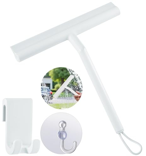 Silicone Shower Squeegee, 8 Inch Window Glass Scraper with 2 Hooks for Shower Doors,Bathroom Cleaner Tool Household Window Mirror Squeegee for Car, Home Cleaning, Glass