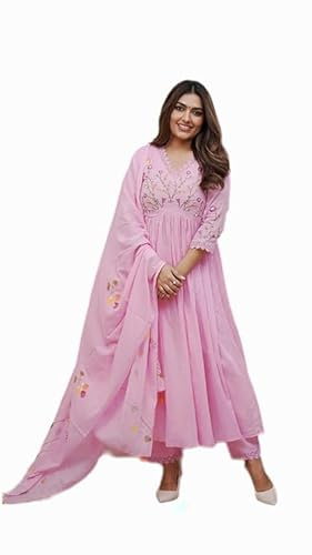 Sambhav Quilt Hub dam bomull anarkali broderad tung spets festlig bröllopsfest Kurta Dupatta set, Rosa, XL