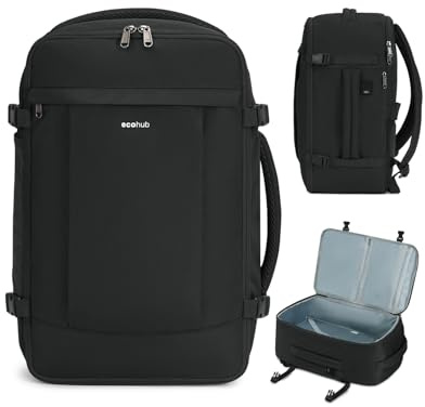 ECOHUB Sac a Dos Voyage Cabine Avion 45x36x20 pour Easyjet Bagage Cabine avec 3 Poches Zippées Cachées Bagage à Main Homme Sac à Dos pour Ordinateur 15.6 Pouces, Sac Cabine sous Siège, Noir, 30L