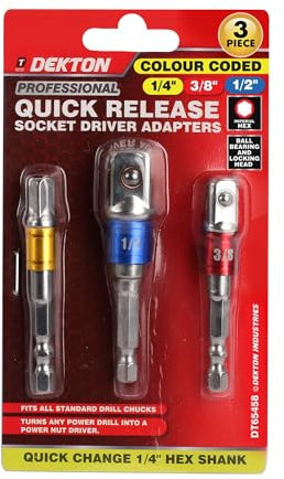 Dekton 3pc 1/4, 3/8 & 1/2 Socket Adaptor Set - Fits All Standard Drill Chucks|Hexagonal Shank| Fits Screwdriver Bit Holder| Turns Any Power Drill Into A Power Nut Driver| Durable