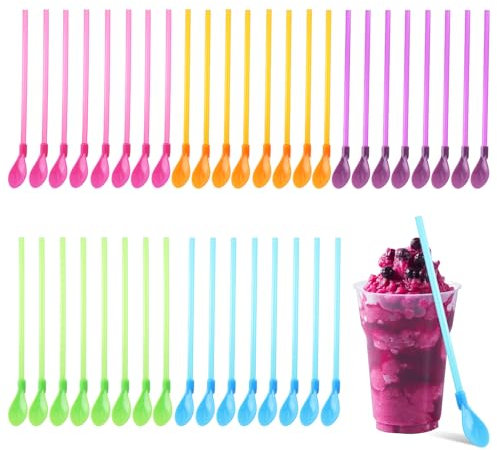 Kuleyang 40 PCS Slush Straws, Reusable 2 in 1 Straw Spoon, Colored Plastic Straws, Detachable Straw Stirring Spoon for Milkshake, Smoothie, Cocktails, Coffee and Drinks