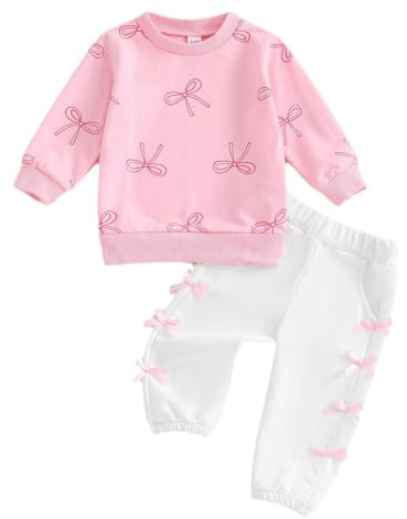 LUVCES Abbigliamento Bambina Set Autunno Manica Lunga a Righe Felpa Top con Graziosi Stampata Ricami+ Pantaloni 2 Pezzi Inverno Primaverile Vestiti Outfit Fiocco rosa 12-18 Mesi