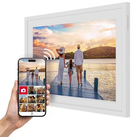 Thomson Cornice Digitale 10 Pollici, Schermo IPS, Touchscreen HD, Condivisione Diretta tramite App, Funzioni Smart, Cornice Fotografica Elettronica con 32 GB di Memoria, Rotazione Automatica, Bianca