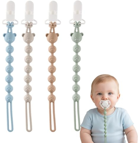 4 PCS Silicone Dummy Clip Portable Dummy Clip for Boys and Girls Soother Pacifier Holder Pacifier Clip Blue Green Light Gray Brown