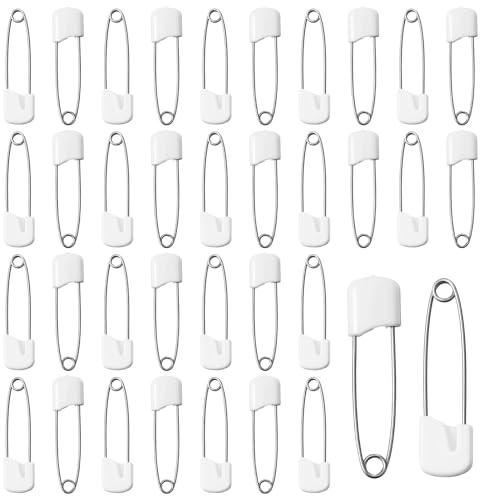100 spille da balia per bambini, 40 mm, grandi con chiusura a blocco, in acciaio inox, con chiusura in plastica, per pannolini, vestiti, colore bianco
