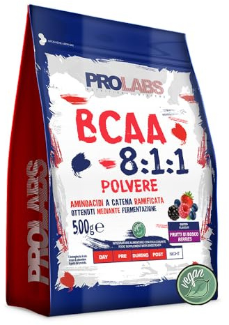 PROLABS– Bcaa Aminoacidi Ramificati Polvere 8.1.1, Amminoacidi 100% Veg con Vitamina B6, B1, L-Leucina (8 parti) Crescita e Recupero Post Intra Pre Workout, Integratore Sportivi, Frutti di Bosco, 500g