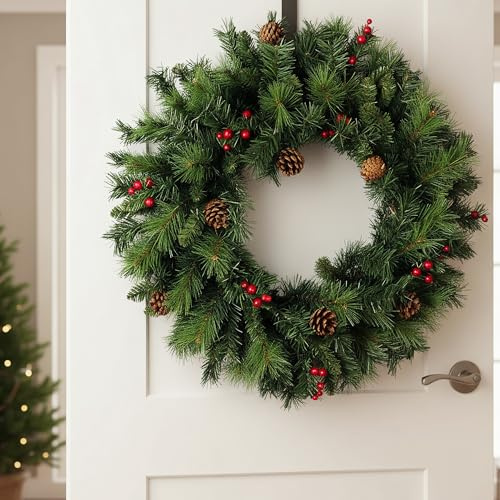 Ghirlanda natalizia artificiale, 60 cm, rami di abete realistici con bacche rosse di Ilex e pigne decorative