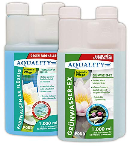 AQUALITY Algenvernichter Komplett-Sparset Gartenteich (Befreit und entfernt Fadenalgen, Schwebealgen, grünes Wasser schnell und dauerhaft)