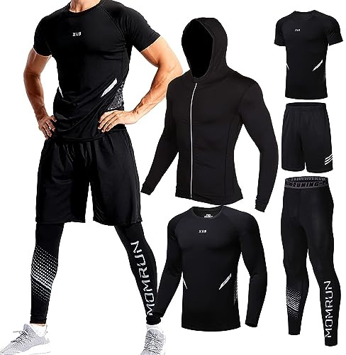 BOOMCOOL 5 st gymkläder män träningsoverall set löpkläder kompressionströjor ärm toppar jackor långa kostymer leggings shorts sport träningskläder för atletiska, E, 3XL