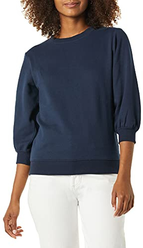 Amazon Essentials Women's French Terry Fleece Sleeve Detail Crewneck Sweatshirt, Navy, Large