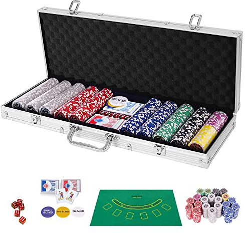 RELAX4LIFE Set Poker 500/300 Pezzi con Custodia in Alluminio Rigido, Include Carte, Dadi, Tessuto da Gioco e Pulsante Dealer,Per Serate Poker, Blackjack (Nero - Gettoni ad Adesivo, 500 Gettoni)