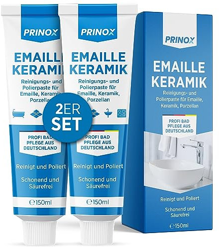 PRINOX 2x 150ml Reinigungs und Polierpaste für Emaille, Keramik, Porzellan, Glaskeramik, Mineralguss - Professionelle Badpflege zu Reinigung und Pflege von Armaturen - Ceranfeld Reiniger