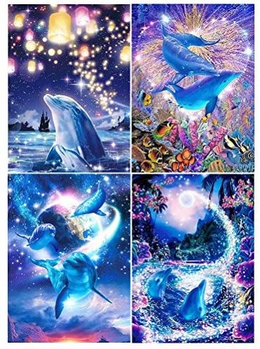 DCIDBEI 4 Pack Diamond Painting Erwachsene Tiere 30x40 cm - Delfin Diamant Painting Bilder - Perlenbild Kleben für Kinder und Erwachsene