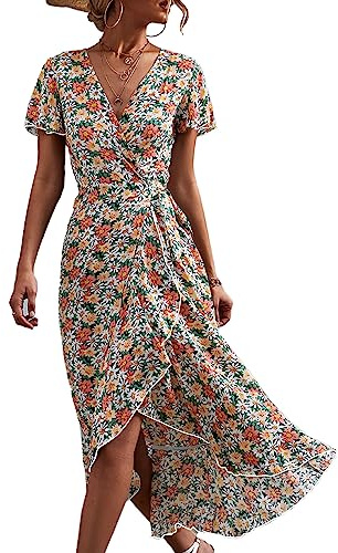 Robe Portefeuille à Fleurs, Col en V, Ourlet Asymétrique, Robe Longue à Manches à Volants, Tenue Confortable, Adaptée à la Vie Quotidienne, aux Fêtes (Bleu Rose)